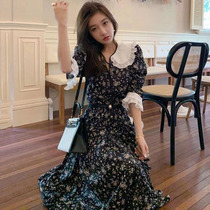  Floral dress female spring 2021 new coffee break French retro Hepburn style doll collar over-the-knee chiffon long skirt