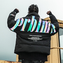 PRBLMS Tide Brand Laser Colorful Reflective Big LOGO Down Jacket Men's National Tide Winter Street Short Couple Jacket