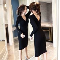 Autumn Knitted Dress Women Slim Small Man V-neck Long Sweater Skirt Temperament Buttocks base skirt