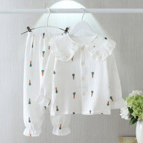 Spring and Autumn Xiaer Childrens Pajamas Pure Cotton Yarn Long Sleeve Pants Set Girls Children Cardigan Girls Parent-Child Home Clothes