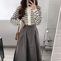 Large size womens suit autumn new Korean version loose thin long sleeve T-shirt long skirt vest three-piece set