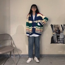 (Three-piece set) color striped sweater jacket long sleeve T-shirt straight jeans spring and autumn set schoolgirl