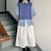 (Three-piece set)Pullover vest Vest Short sleeve Plaid shirt High waist skirt Summer suit Schoolgirl