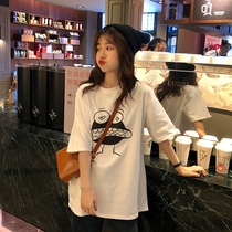 2021 New Spring fun cartoon print white short sleeve female Korean loose long line neck