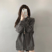 oversize velvet thickened hooded sweater womens autumn and winter gray cardigan Autumn high street jacket ins tide spring and autumn