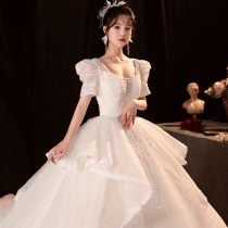 Main wedding dress 2021 new bride summer big tailing luxury heavy industry bubble sleeve high texture Palace style temperament