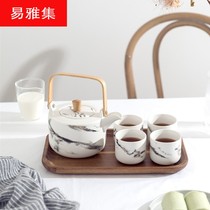 Nordic light luxury Phnom Penh marble pattern ceramic set teapot tea set with solid wood tray Coffee set combination