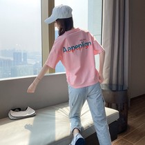 Pure Cotton Casual Suit Women Summer Slim 2022 New online Red Fashion Less-age Running tracksuit Two sets