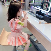 2021 summer new children's clothing girls Korean hooded sports suit children's college style short sleeve skirt suit