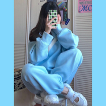 Blue leisure sports suit womens autumn and winter fashion Korean version of loose plus velvet padded sweater two-piece student tide