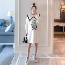 Pregnant women autumn dress Fashion Net red cartoon tide mom Korean version loose thin lapel long sleeve skirt does not show