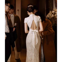 Champagne Lace Fish Tail Qipao Gown Evening Gown Lady Temperament Host Banquet Light Extravagant High-end Elegance