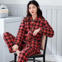 Three-layer cotton pajamas ladies winter solid color cotton fat MM thick thick warm home clothing autumn and winter cotton jacket set