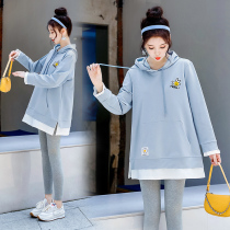 2022 pregnant womens spring clothing and sweatshirt fake two blouses with hat T-shirt loose out of the middle and long spring suit Korean version