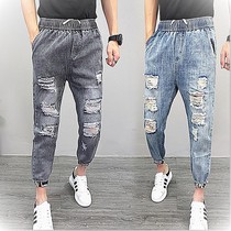 Summer thin section ripped slim jeans spirit social guy Harem pants trend casual tie-foot nine-point pants men