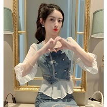 Small fragrant style chiffon stitching denim skirt two-piece female summer fried street fashion age skirt suit skirt set skirt tide