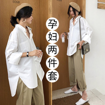 Pregnant women autumn set fashion spring and autumn 2021 loose size French shirt top long sleeve work clothes shirt