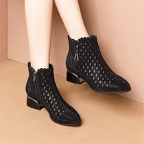 Hong Kong leather hollow mesh boots 2021 spring and summer new thick-heeled mesh boots medium-heeled joker boots soft-soled womens boots