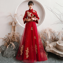 Chinese toast brides 2021 new winter style beautiful clothes long sleeve thick wine red wedding dress women winter