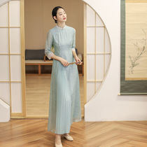 2021 Autumn New Chinese style Zen tea man dress slim long modified Chinese literature cheongsam dress