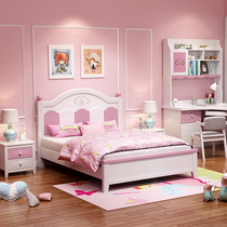 Modern simple pink solid wood childrens bed Girl Princess bed 1 5m single bed Girl solid wood bed High box bed
