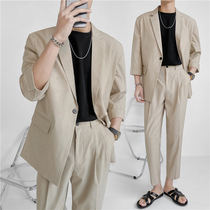 Suit mens suit summer thin casual ruffian handsome light cooked wind mens loose three-point sleeve striped suit jacket
