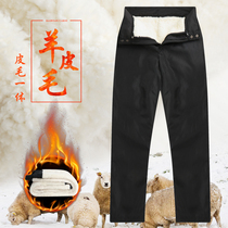 Middle-aged and elderly wool lint pants mens fur one-piece liner warm and thick winter real sheepskin pants elastic high waist