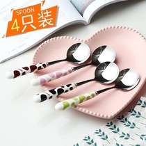 Milk pattern ceramic handle thick stainless steel creative cute home spoon Korean round head spoon coffee dessert spoon