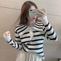 Summer 2021 new striped doll collar sweater womens design sense niche short sweater Hong Kong temperament top