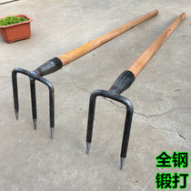 Turpped soil steel rake two-tooth three-tooth four-tooth nail rake loose soil Harrow two-tooth pick manganese steel agricultural three-four-tooth hoe large