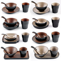 Retro Japanese four-piece Restaurant Restaurant hot pot Table tableware melamine imitation porcelain plate Bowl Cup spoon set Commercial
