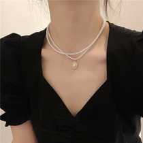Elegant retro French double pearl necklace female ins Net red choker simple niche design neck jewelry