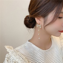 South Korea 925 silver pin bow full diamond tassel pearl earrings sweet earrings long