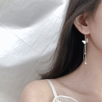 s925 sterling silver sense of thin face butterfly ear line female natural pearl earrings temperament Korean long tassel