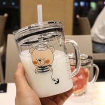Cartoon cute scale milk cup Heat-resistant glass brewing milk powder breakfast cup Childrens direct drinking straw with lid Household
