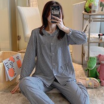 Pajamas female spring and autumn thin long sleeve cotton set cardigan doll collar sweet summer Plaid artificial cotton home wear