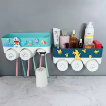 Creative cartoon home three-person toothbrush cup holder hanging wall non-perforated wall hanging couple mouthwash Cup shelf set