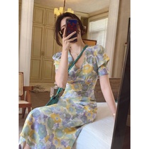 Dress womens 2021 new summer retro waist French first love bellflower skirt V-neck Monet print thin A-line skirt