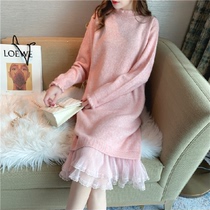 Thickened knee sweater skirt small man lace stitching loose autumn and winter sweet dress with fairy coat