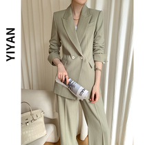 Green suit suit womens spring and autumn high-end Inn wind advanced senses trendy foreign air straight drum pants casual streaks Western suit