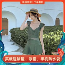 Swimsuit womens summer 2021 new one-piece fairy seaside belly cover thin flat angle conservative sexy hot spring large size swimsuit