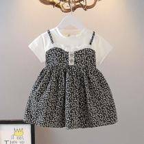 Girls summer dress 2021 new fake two pieces Korean version of female baby Foreign style flower princess dress 4 years old skirt 6