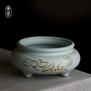 宋・古陶瓷品・官窯・汝瓷・旋紋・竹節三足熏香炉・置物・