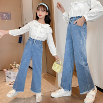 Girls wide legs straight pants 2021 autumn jeans 10 years old girl children Spring and Autumn loose version of foreign style pants