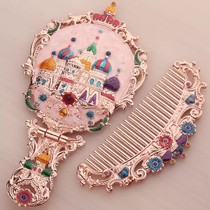 Russian handle small mirror with comb set retro portable makeup mirror foldable desktop Princess Mirror