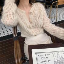 Thin small fragrance mohair pearl buckle hollow sweater cardigan womens sweater coat womens autumn new outside
