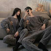 Coral velvet couple pajamas female autumn and winter thickened plus velvet men warm cute bear can wear home suit