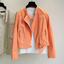 Korean spring and autumn new leather womens 2021 Korean version of the stand-up collar slim all-match short motorcycle clothing leather jacket jacket