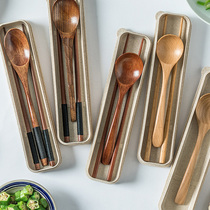 Japanese portable solid wood cutlery box single student with external office workers bento with chopsticks spoon Storage Set