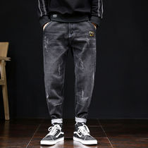 Autumn and winter trend Harun jeans mens loose elastic large size small foot nine-point pants men plus velvet thickened